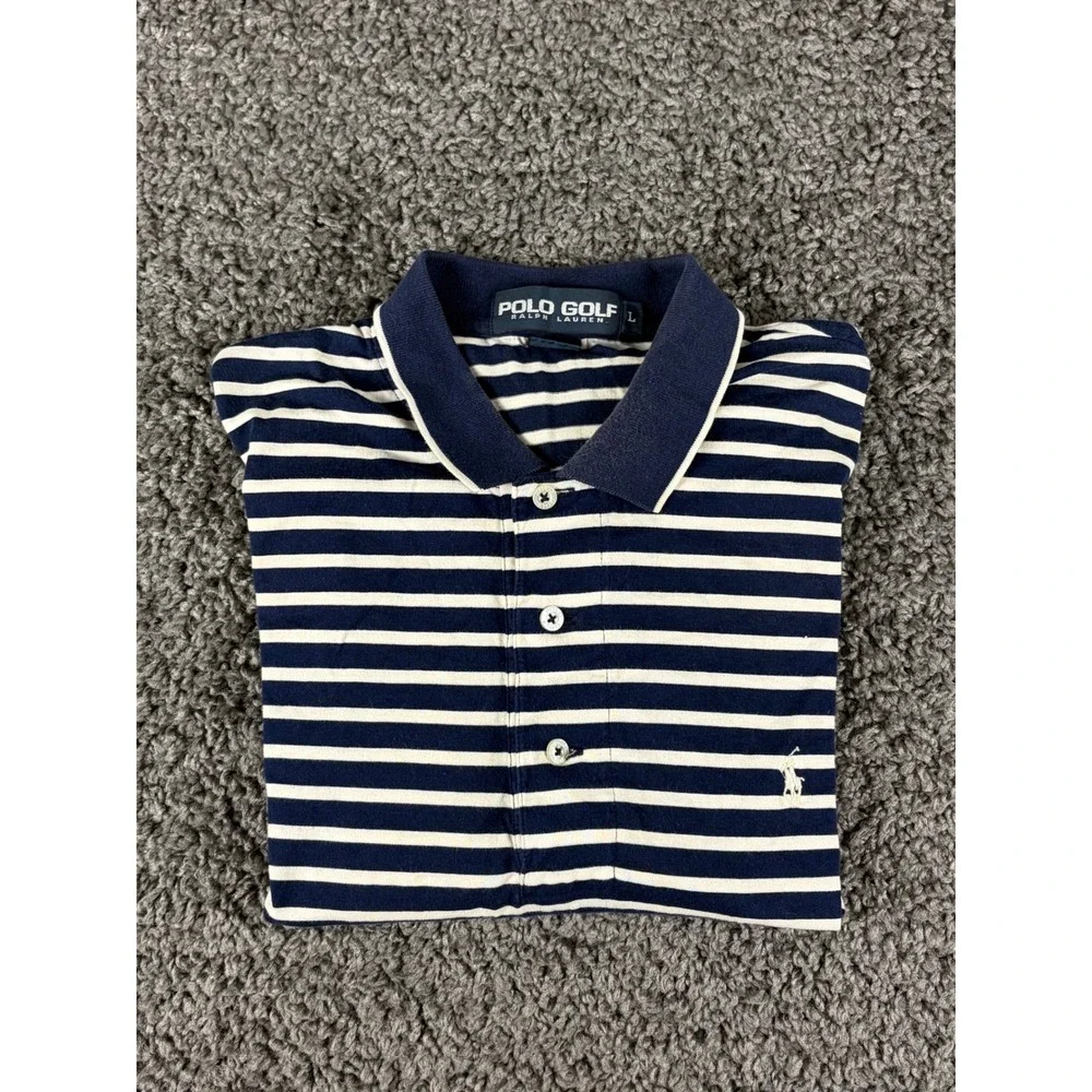 Vintage 90s Polo Golf Ralph Lauren Striped Polo Shirt Navy Blue White Mens L